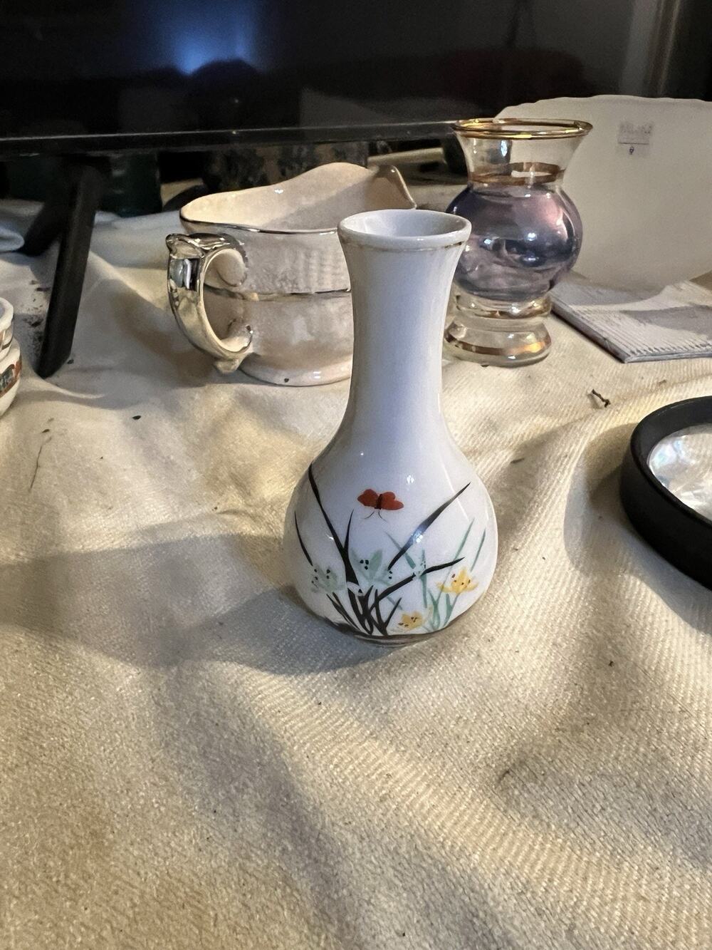 Small Bud Vase White With Flowers and Butterfly